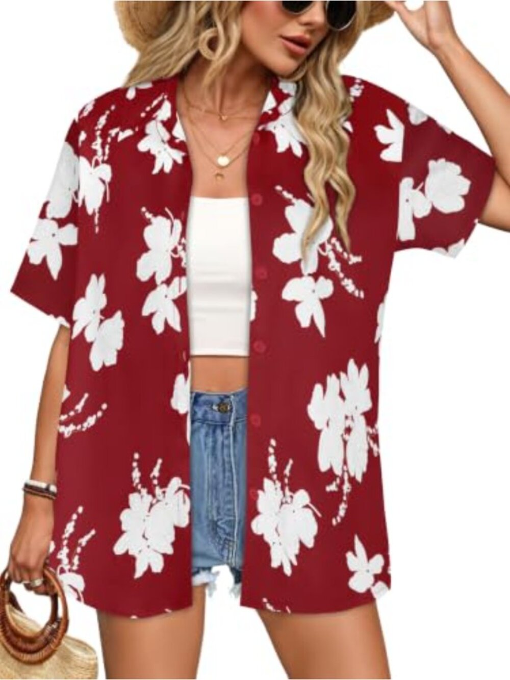 Womens Hawaiian Shirt Short Sleeve Floral Button Down Blouse